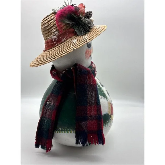 Large Gourd Christmas Snowman Hand Painted Folk Art Signed 16" - Picture 6 of 10